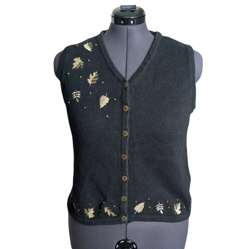 Vintage Dark Academia Sweater Vest Leaf Motif Metal Buttons XL